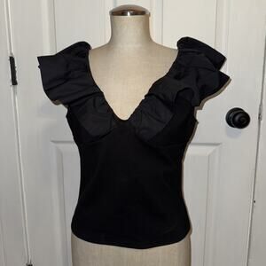 NEW Anthropologie Dolan Ruffle Black Blouse Flutter‎ Sleeve Size M Medium V-Neck
